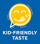 A yellow icon of a smiling face. Text reads: Kid-friendly taste.